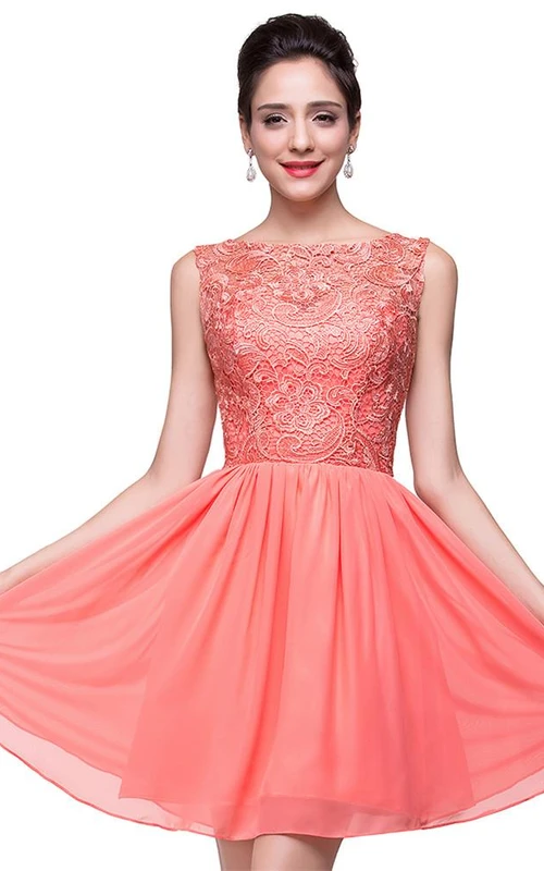 Wunderschönes ärmelloses kurzes Chiffon-Kleid aus Spitze, kurz, perfekt für den Abschlussball.