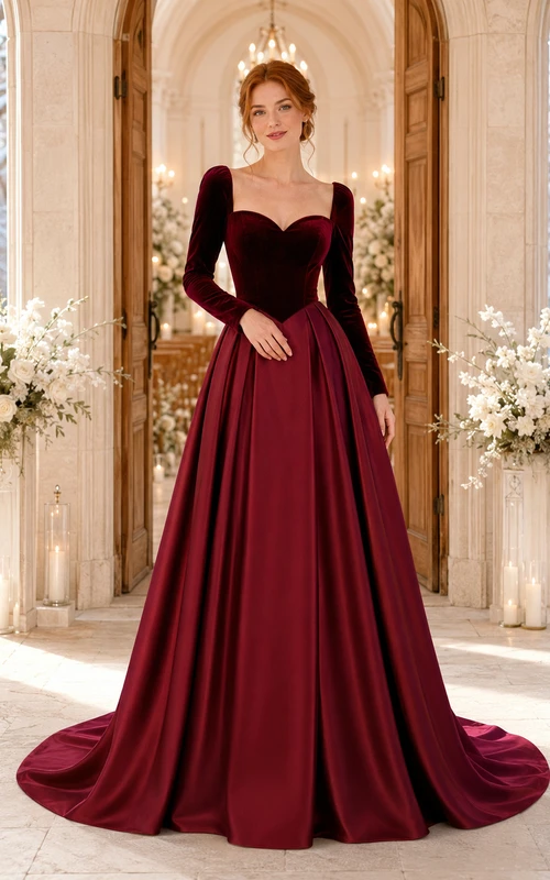 Burgundy Red Sweetheart Long Sleeve Chapel Train Wedding Dress