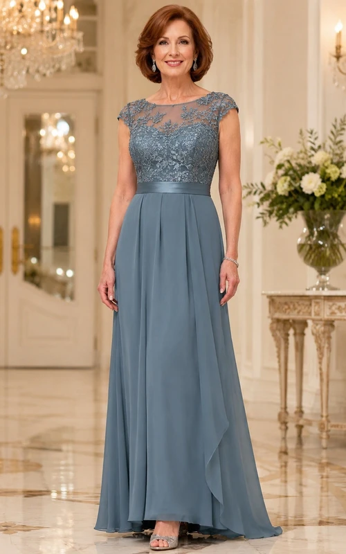 Stahlblaues Chiffon-Kleid mit kurzen Ärmeln und A-Linien-Schnitt, bodenlang, aus Spitze