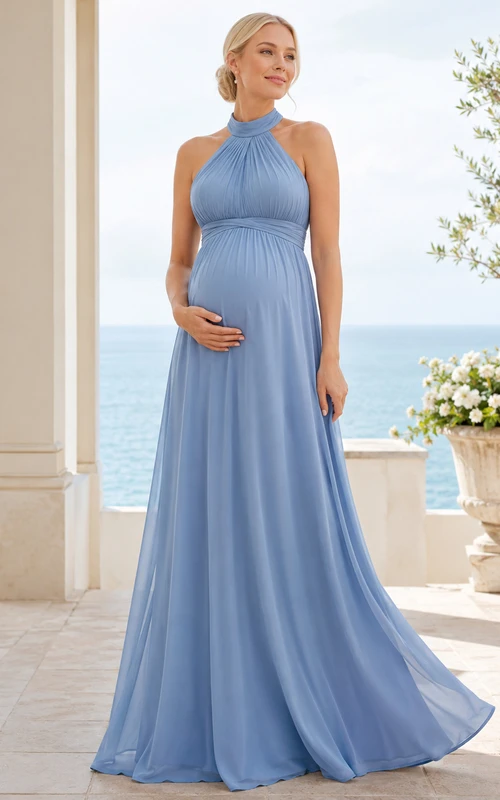 Robe de plage longue de maternité bleu acier, dos nu, plissée, en mousseline, coupe empire.