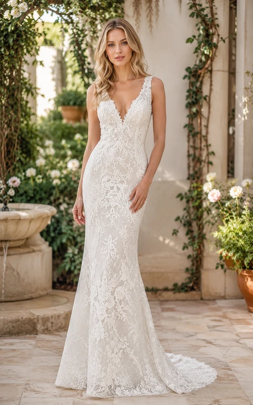 Ivory V-Neck Lace Mermaid Wedding Dress with Low Back