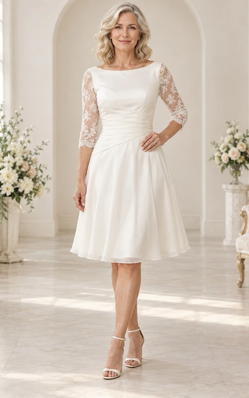 Vestido de novia modesto de gasa de corte A hasta la rodilla para novias mayores, con escote barco y mangas de encaje.