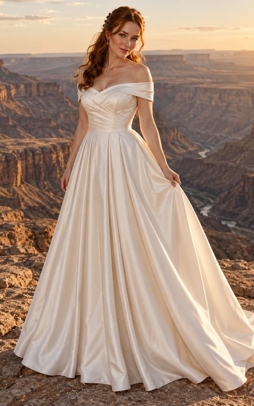 Vestido de novia sencillo de satén con escote Bardot, corte en A, cintura plisada y largo hasta el suelo.
