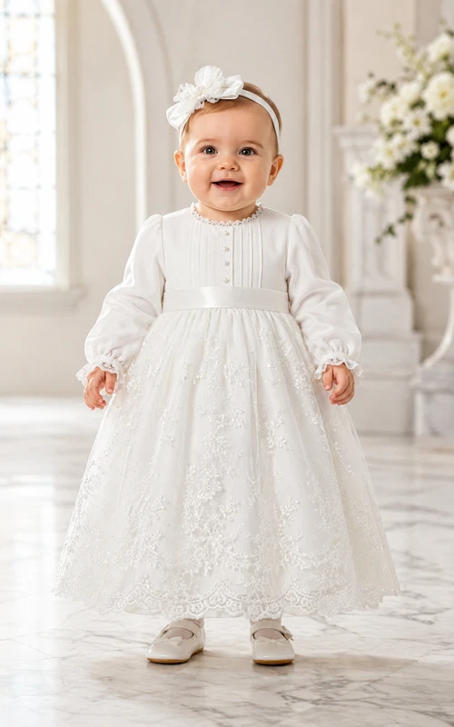 Robe de baptême pour bébé, coupe trapèze, manches longues, tulle et dentelle, longueur au sol, avec ceinture à nœud, blanche