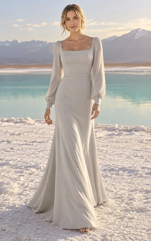 Sencillo vestido de novia plateado de corte recto con escote cuadrado, mangas largas abullonadas y cintura estrecha.