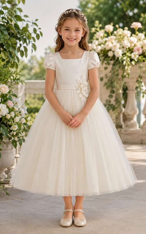 Flower Girl Dress Ivory Lace Tulle A-Line Jewel Neck Tea Length Bow Detail
