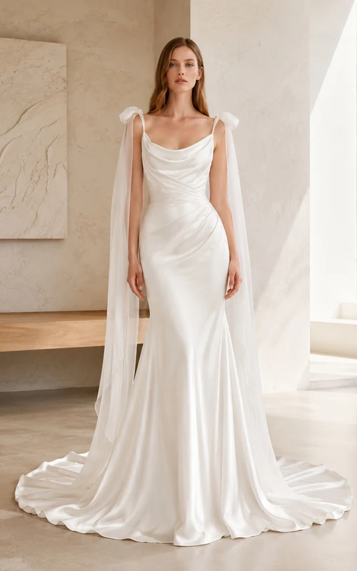 Robe de mariée royale en satin, bretelles bénitier, sans manches, coupe sirène, traîne chapelle, épaule ornée d'un nœud, style domaine.