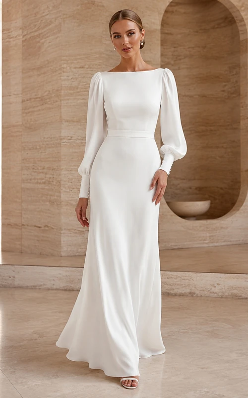 Robe de mariée fourreau en satin à manches bouffantes et coutures apparentes, style moderne et épuré.