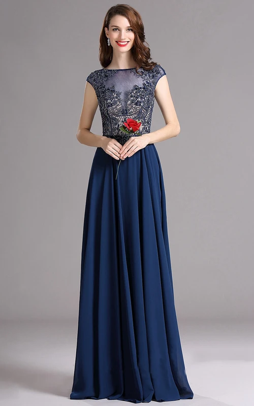 Empire-Bateau-Kleid mit kurzen Ärmeln und Empire-Chiffon-Applikationen und Reißverschluss