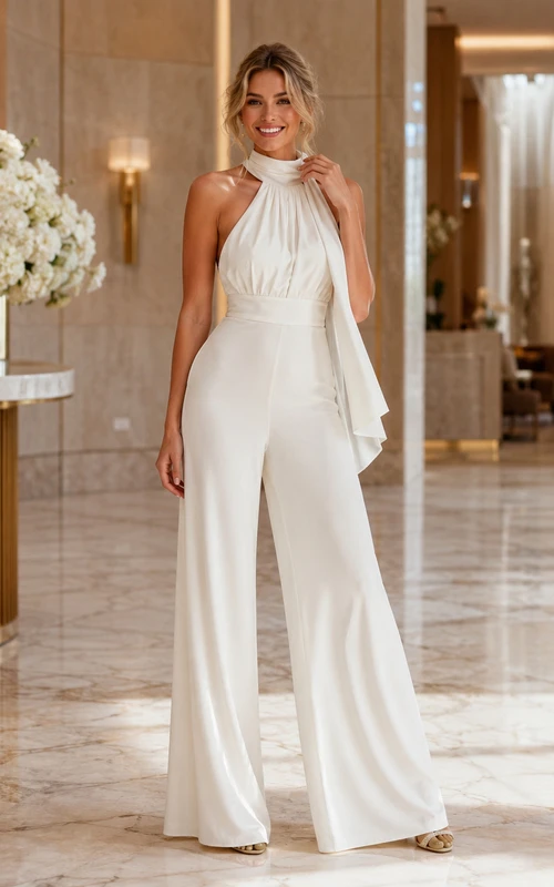 Elegant Second Look Halter High Neck Backless Wide Leg Wedding Jumpsuit