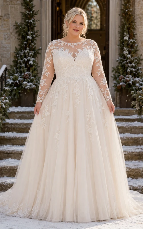 Robe de mariée grande taille à manches longues illusion en dentelle et tulle, coupe trapèze, décolleté en goutte d'eau