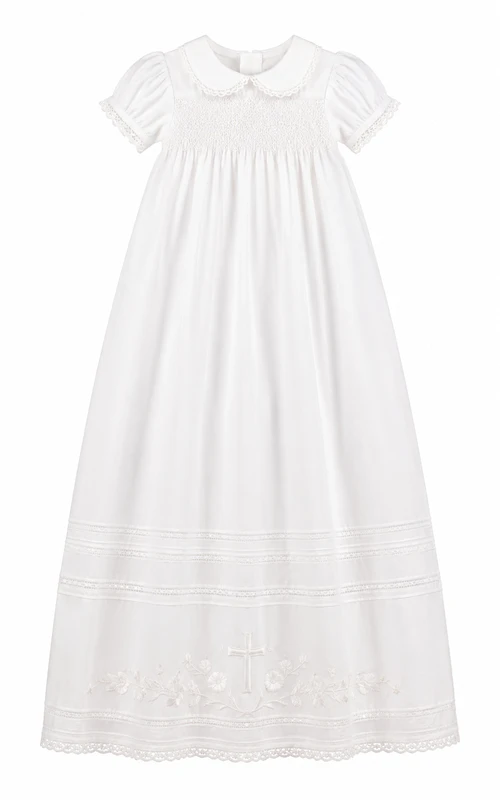 Vestido de bautizo vintage modesto, corte en A, manga corta, encaje de algodón, largo hasta la rodilla, con fajín de lazo, color blanco.