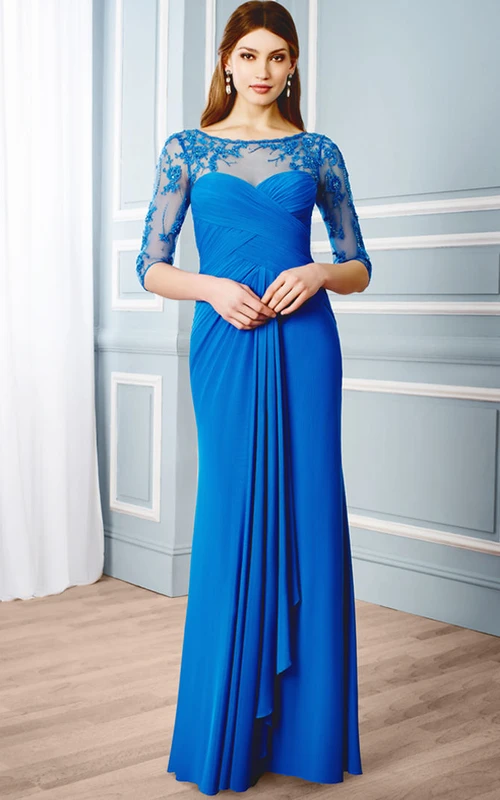 Robe de soirée en jersey, longue jusqu'au sol, à encolure ronde, manches mi-longues croisées, drapée et ornée d'appliqués