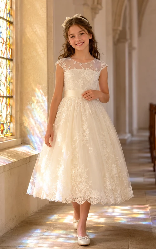 Robe de première communion en tulle à manches courtes et dentelle bateau, dos boutonné, dentelle boutonnée, robe de thé en tulle à boutons et manches courtes.