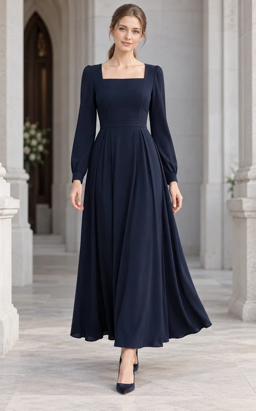 Robe de deuil bleu marine foncé à col carré, manches longues et coupe trapèze, sobre et élégante
