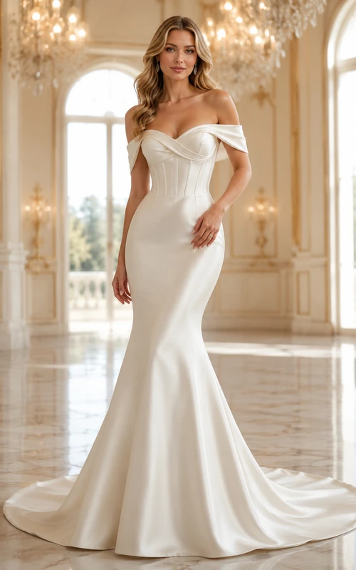 Minimalistisches Brautkleid aus Satin im Meerjungfrauenstil mit schulterfreiem Design und Schleppe