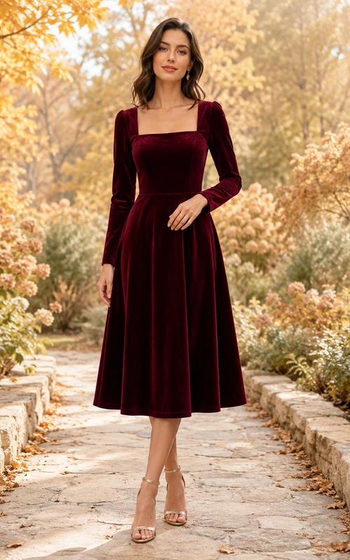 Robe d'automne en velours bordeaux à col carré et manches longues, col carré.