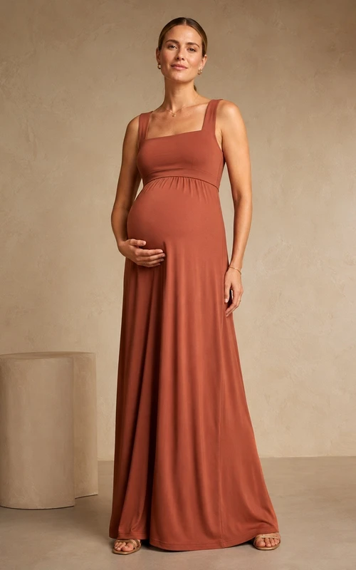 Rust Maternity Square Neck Sleeveless Chiffon A-Line Floor Dress