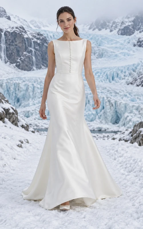 Vestido de novia de satén sin mangas con escote barco, corte sirena, botones en la parte delantera y cola larga.