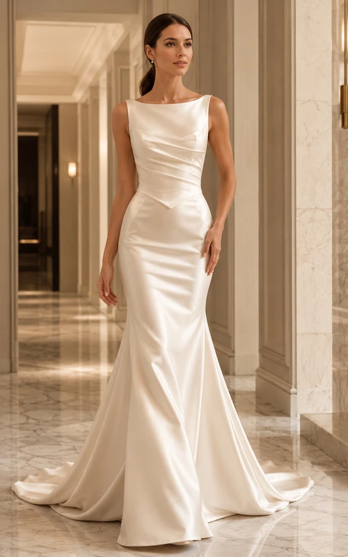 Robe de mariée sirène en satin champagne à col bateau et fronces