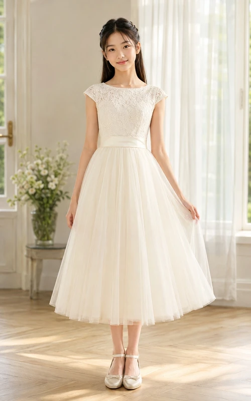 Junior-Brautjungfernkleid, A-Linie, Teelänge, Schmuckstein, kurze Ärmel, Spitze, romantisch