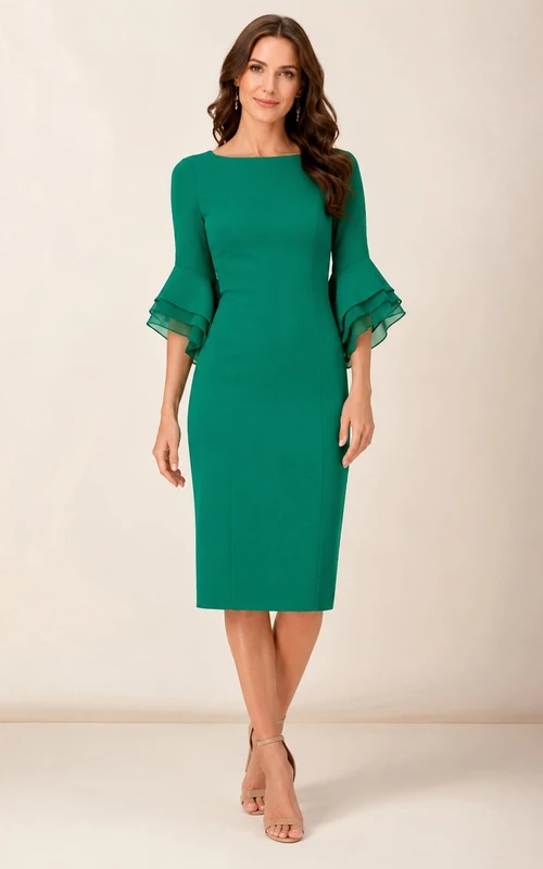 Robe de cocktail modeste en jade, longueur genou, fourreau et manches cloche.