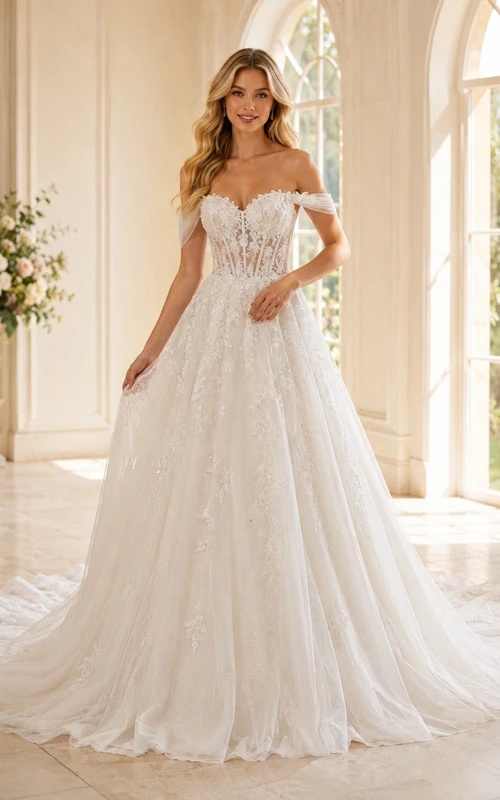 Robe de mariée en tulle fleuri à épaules dénudées et décolleté cœur, coupe trapèze, traîne chapelle