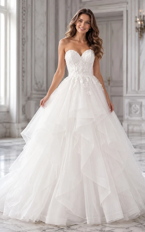 Vestido de novia romántico de tul con escote corazón, sin tirantes, estilo princesa y cola de capilla.