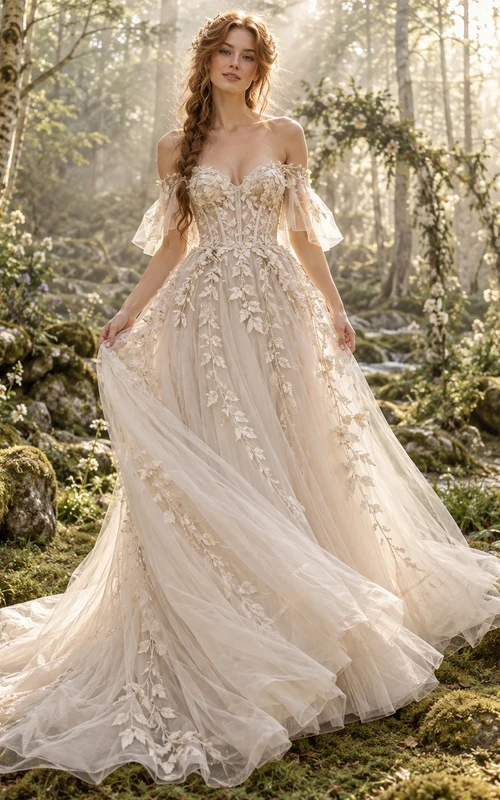 Robe de mariée bohème en tulle, épaules dénudées, décolleté cœur, manches papillon et imprimé floral