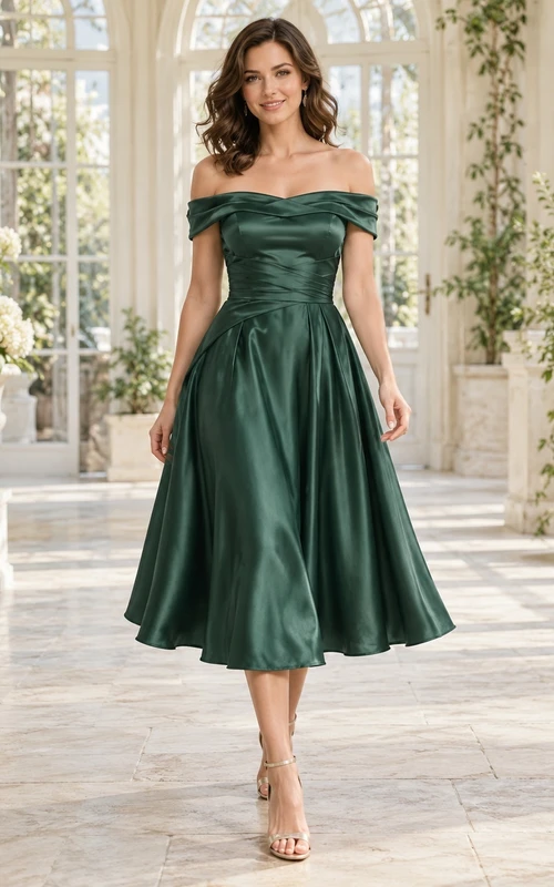 Tea-length Dark Green Off Shoulder Ruched Satin Cocktail Dress