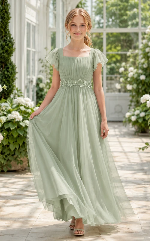 Robe longue fleurie romantique couleur sauge, coupe trapèze, en mousseline, col carré, manches pétales, pour demoiselle d'honneur
