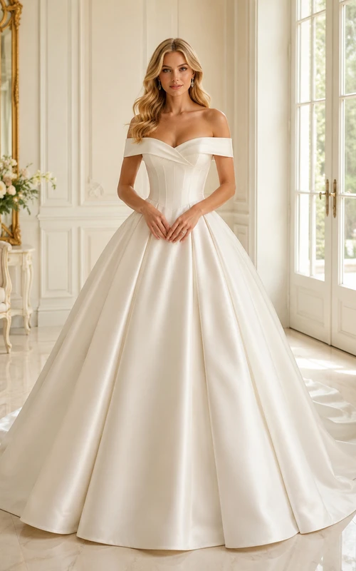 Vestido de novia minimalista de satén, estilo princesa, con hombros descubiertos y cola larga.