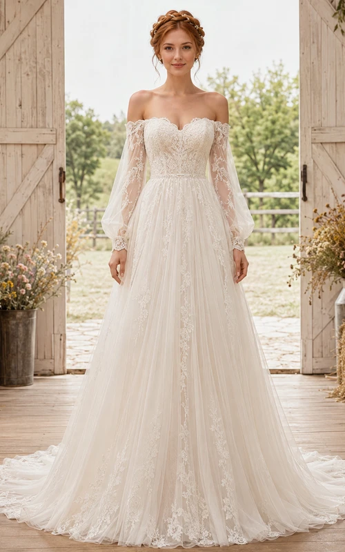 Vestido de novia bohemio de corte capilla con mangas largas abullonadas de encaje y hombros descubiertos