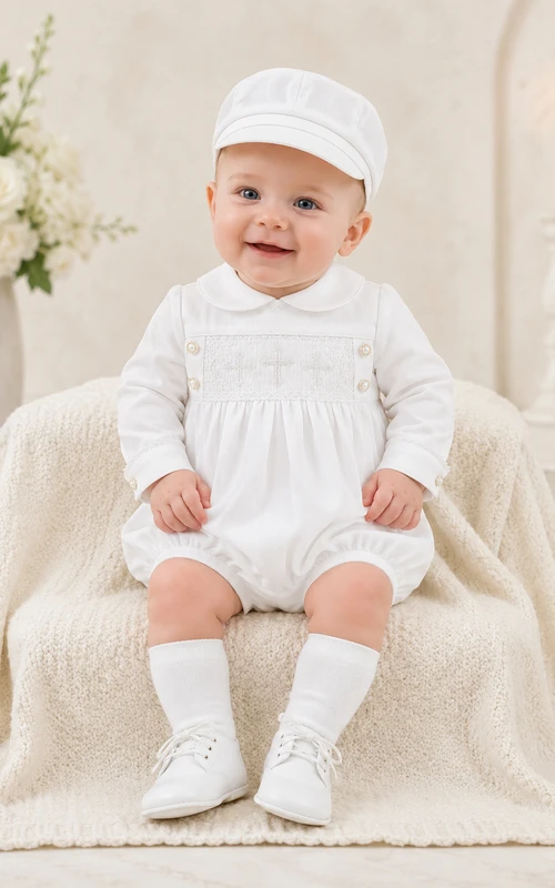 White Smocked Bib Long Sleeve Baby Blessing Bubble Romper for Baby Boy