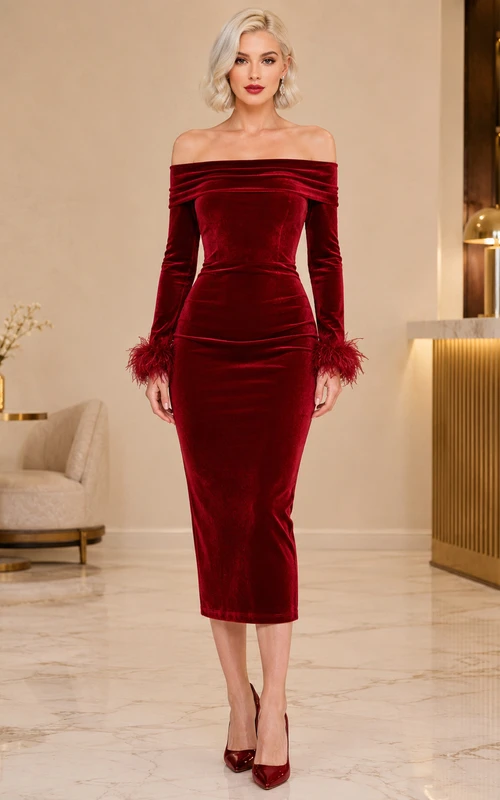Burgunderfarbenes, schulterfreies Samtkleid mit Federmanschetten und Raffungen – perfekt für Tee, Abend und Cocktail.