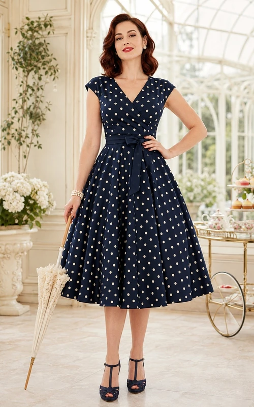 Robe vintage bleu marine à pois en mousseline, coupe trapèze, longueur thé, col en V, sans manches