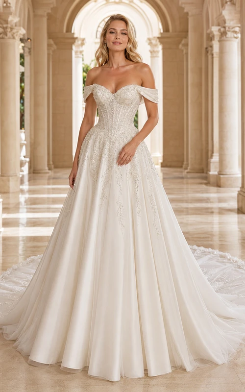 Robe de mariée glamour en dentelle et tulle, épaules dénudées, manches courtes, coupe trapèze, traîne chapelle, applications florales, style jardin