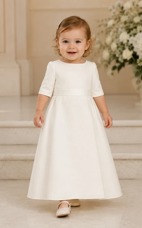 Minimalistisches, schlichtes Taufkleid für Babys und Kinder, A-Linie, knöchellang, mit Rundhalsausschnitt, halben Ärmeln, Satinschleife am Rücken, Knopfleiste am Rücken