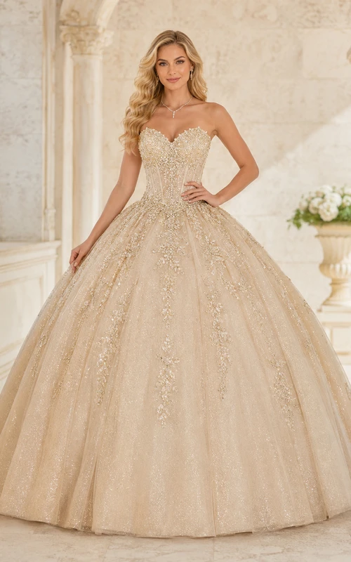 Champagne Luxury Strapless Sweetheart Crystal Beaded Glitter Tulle Princess Quinceanera Ball Gown