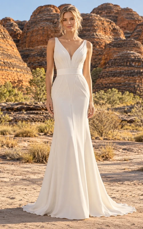 Schlichtes, ärmelloses Etuikleid mit tiefem V-Ausschnitt und Schleppe – Brautkleid