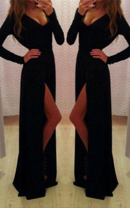 Vestido de fiesta negro sexy de manga larga con escote en V y abertura frontal