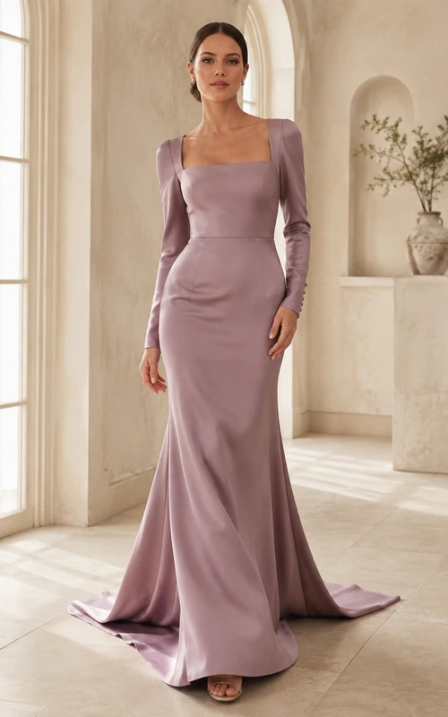 Mauvefarbenes Brautkleid aus Samt mit eckigem Ausschnitt, langen Ärmeln und Meerjungfrauen-Schleppe