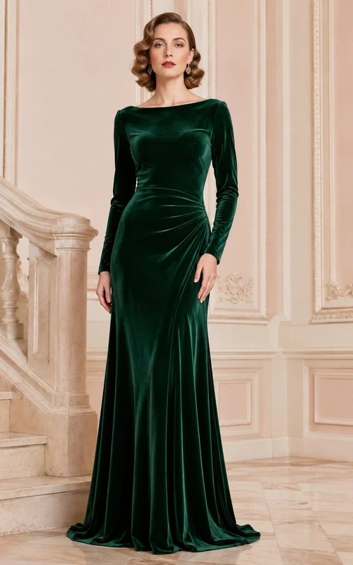 Dark Green Velvet Sweetheart Long Sleeve Floor-Length Mermaid Evening Gown