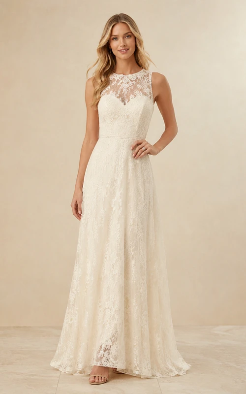 Robe de mariée Illusion Keepsake, coupe trapèze, longueur au sol, col montant, sans manches, en dentelle, style modeste