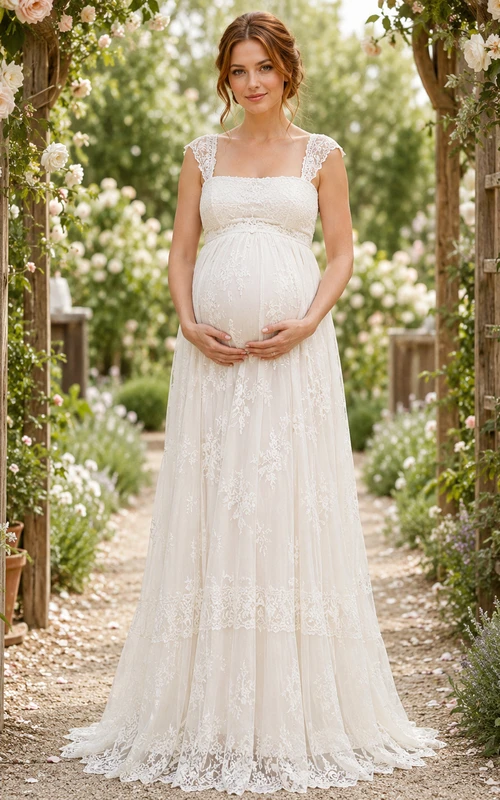Vestido de novia premamá con escote cuadrado, corte en A, encaje, tul, estilo jardín, mangas cortas y cola.
