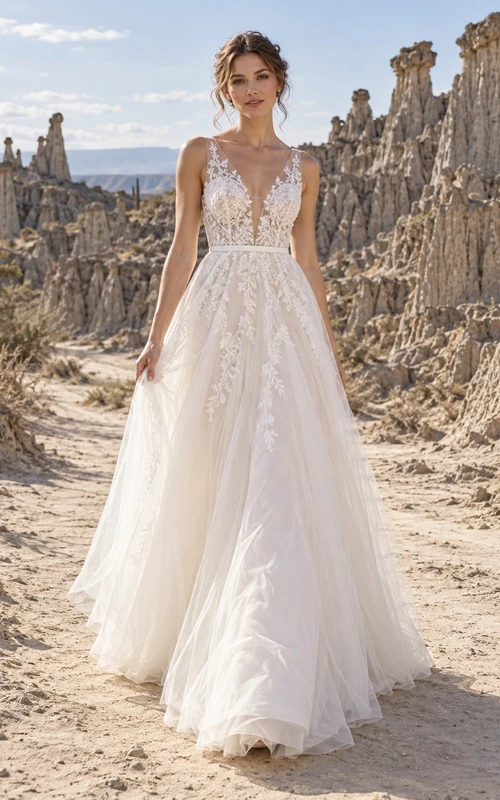 Vestido de novia de tul con escote en V, encaje, corpiño floral y cola larga en línea A.