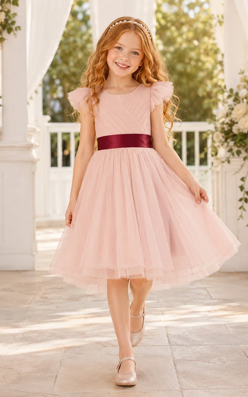 Tulle with Burgundy Sash Lace A-Line Flower Girl Dress with Short Sleeves, Jewel Neck, Tea-Length Skirt, Bow Detail and Sash Detail