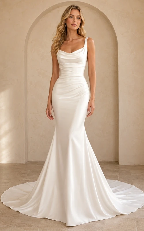 Vestido de novia sencillo de sirena con escote drapeado y cola larga