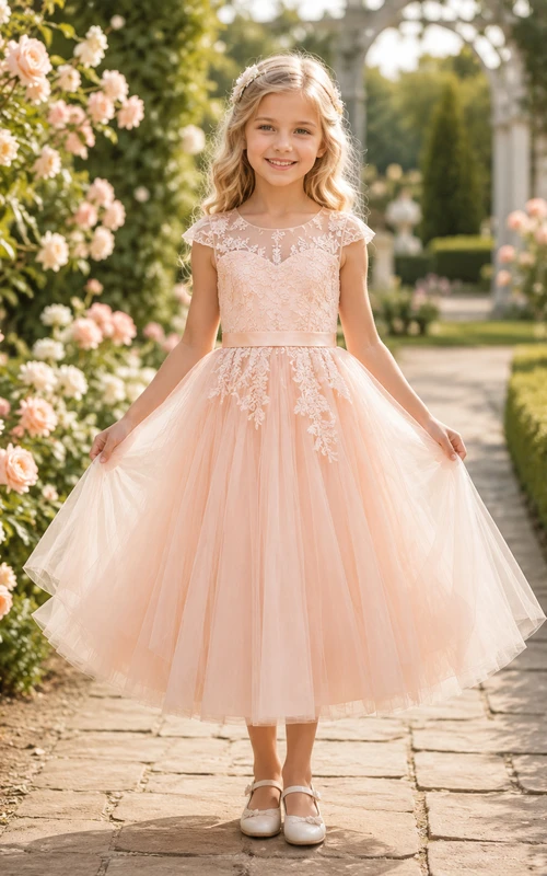 Robe de demoiselle d'honneur en dentelle rose poudré et tulle, coupe trapèze, col rond, longueur thé, application florale.