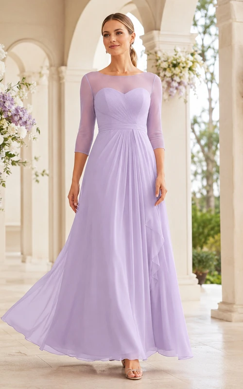 Vestido largo de gasa plisada de corte A con escote corazón y falda ilusión tipo barco, color lila, manga tres cuartos y largo hasta el suelo.